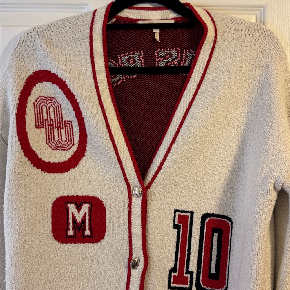 Maje Cream and Red Cardigan Sweater